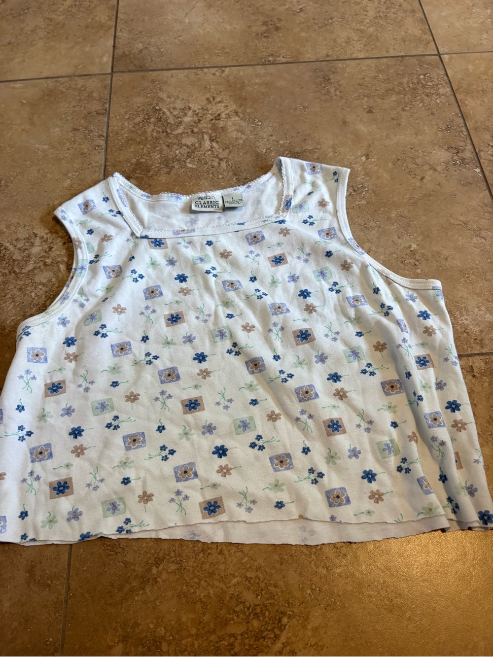 Classic Elements White Floral Tank Top with Blue and Tan Accents